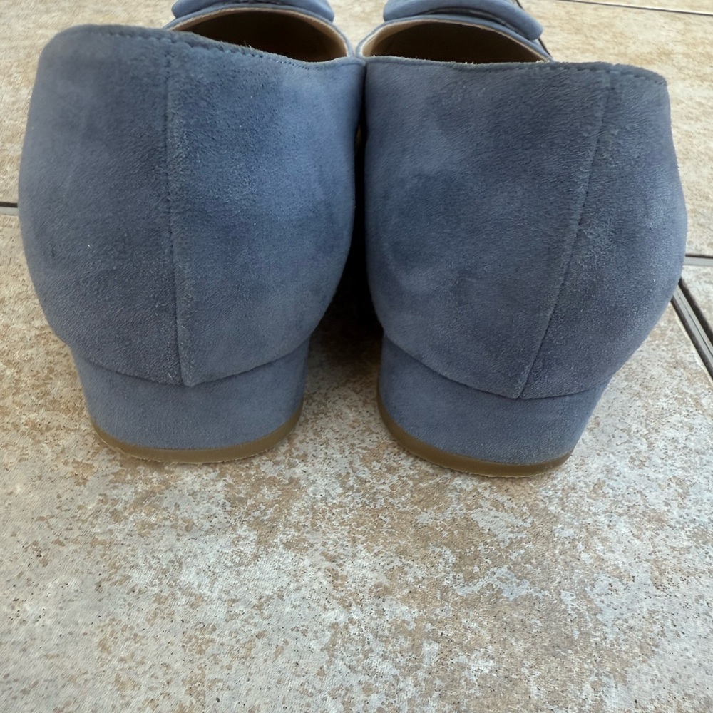 ANN MASHBURN Powder Blue Suede Low Block Heel Pumps with Decorative Buckle - Picture 9 of 14